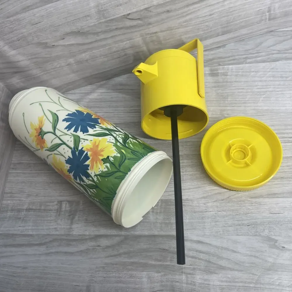 Vtg 70s Aladdin Pump A Drink Dispenser Thermos Shell Yellow Floral CottageCore